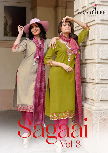 Sagaai Vol 3 Wooglee Viscose Weaving Readymade Pant Style Suits Wholesaler Ahmedabad