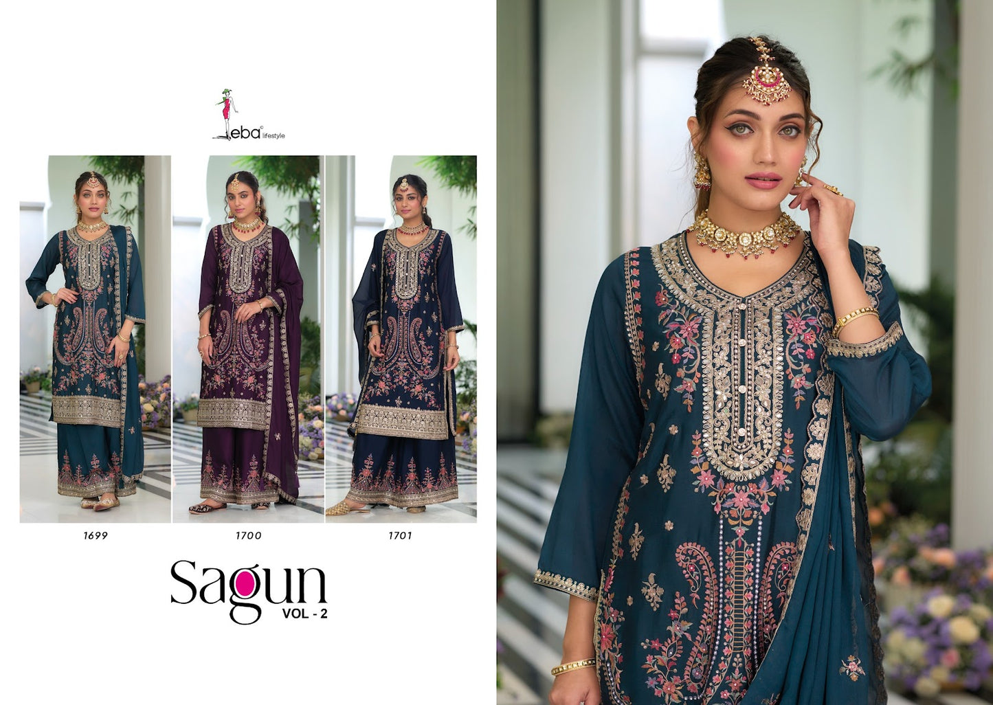Sagun Vol 2 Eba Lifestyle Chinon Readymade Plazzo Style Suits Exporter India