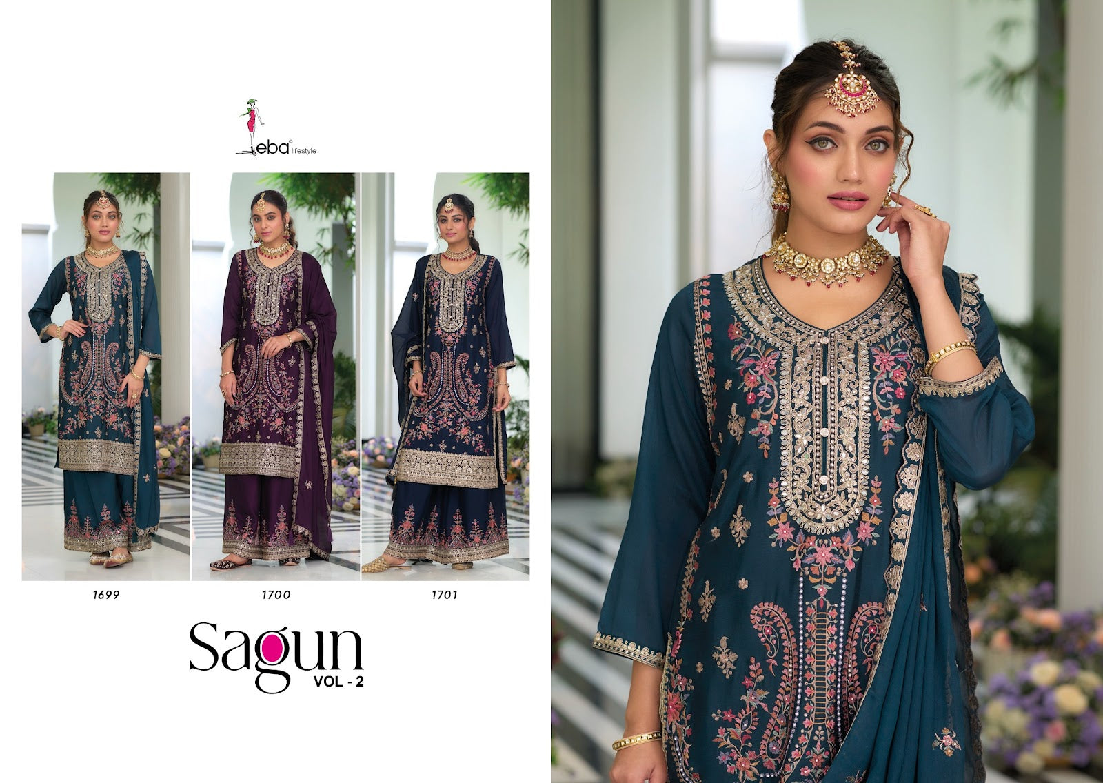 Sagun Vol 2 Eba Lifestyle Chinon Readymade Plazzo Style Suits Exporter India