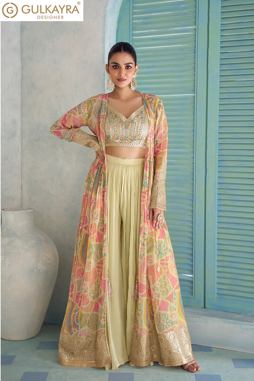 Saheen Gulkayra Designer Chinnon Crop Top Shurg Palazzo Set Exporter India