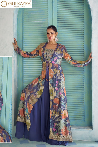 Saheen Gulkayra Designer Chinnon Crop Top Shurg Palazzo Set Exporter India