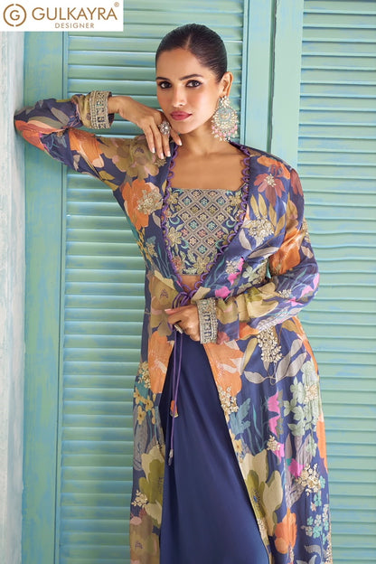 Saheen Gulkayra Designer Chinnon Crop Top Shurg Palazzo Set Exporter India