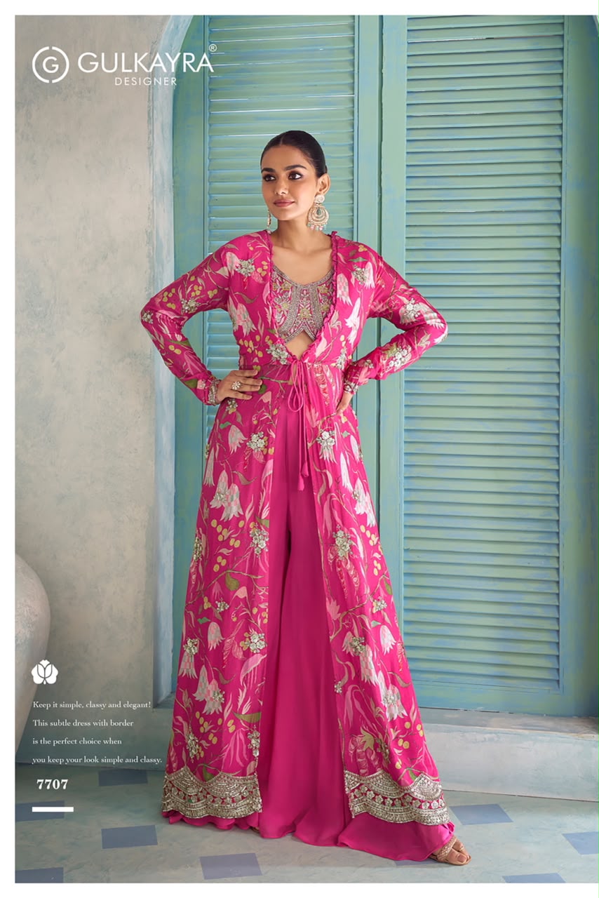 Saheen Gulkayra Designer Chinnon Crop Top Shurg Palazzo Set Exporter India