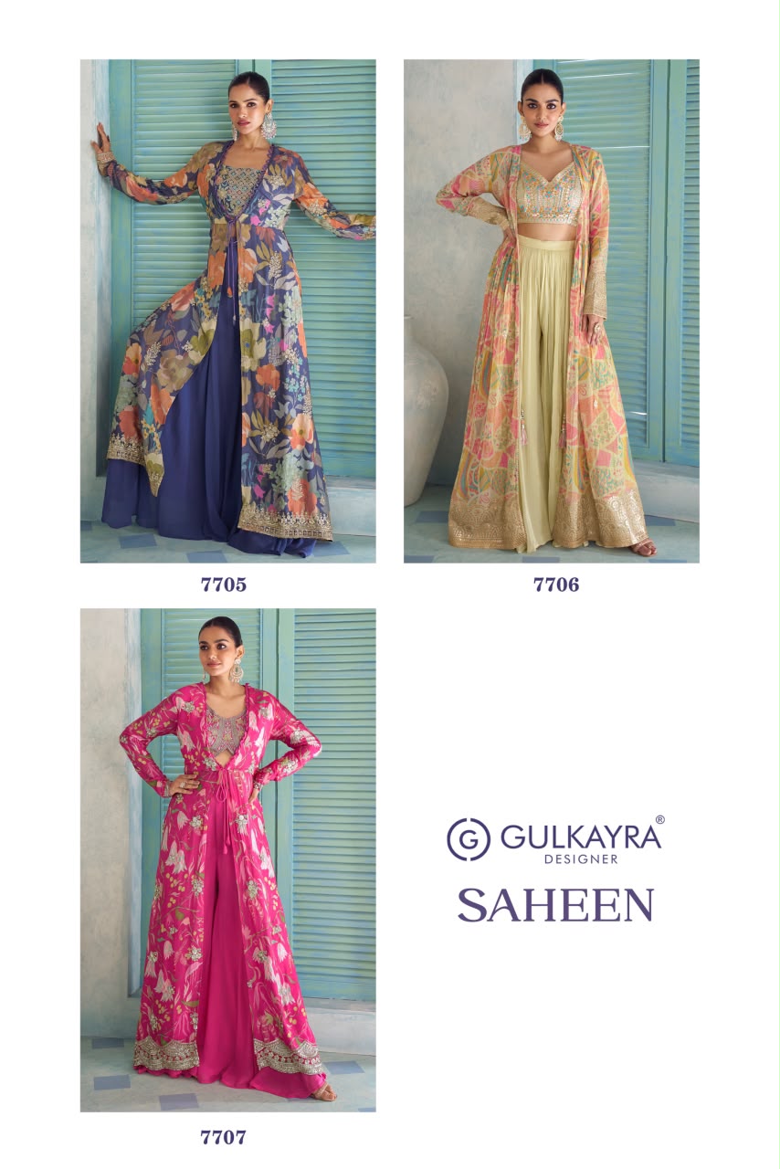 Saheen Gulkayra Designer Chinnon Crop Top Shurg Palazzo Set Exporter India