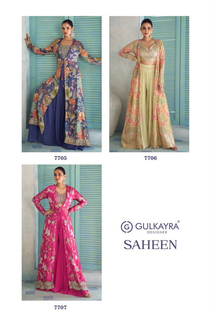 Saheen Gulkayra Designer Chinnon Crop Top Shurg Palazzo Set Exporter India