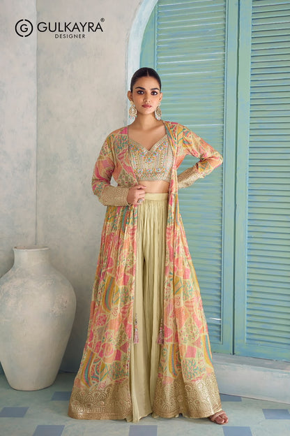Saheen Gulkayra Designer Chinnon Crop Top Shurg Palazzo Set Exporter India