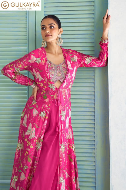Saheen Gulkayra Designer Chinnon Crop Top Shurg Palazzo Set Exporter India