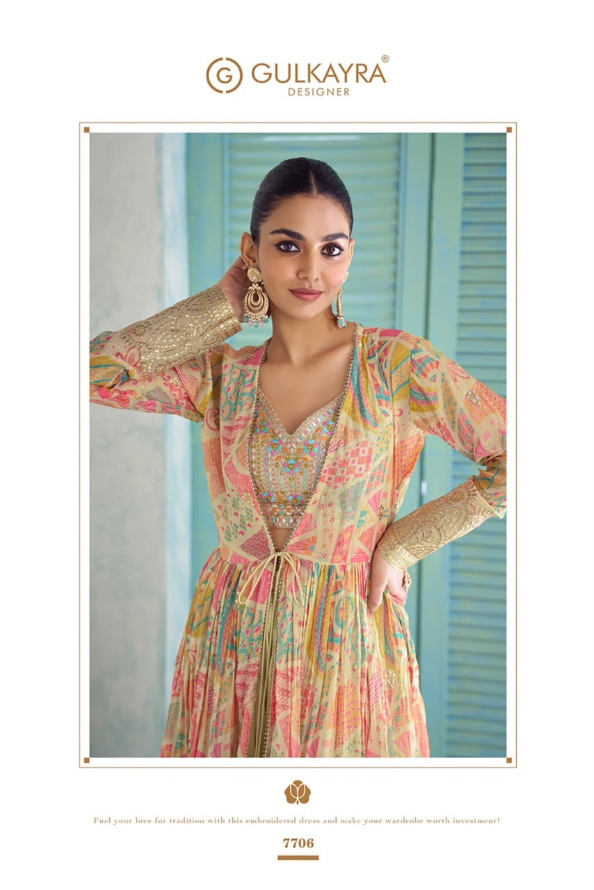 Saheen Gulkayra Designer Chinnon Crop Top Shurg Palazzo Set Exporter India