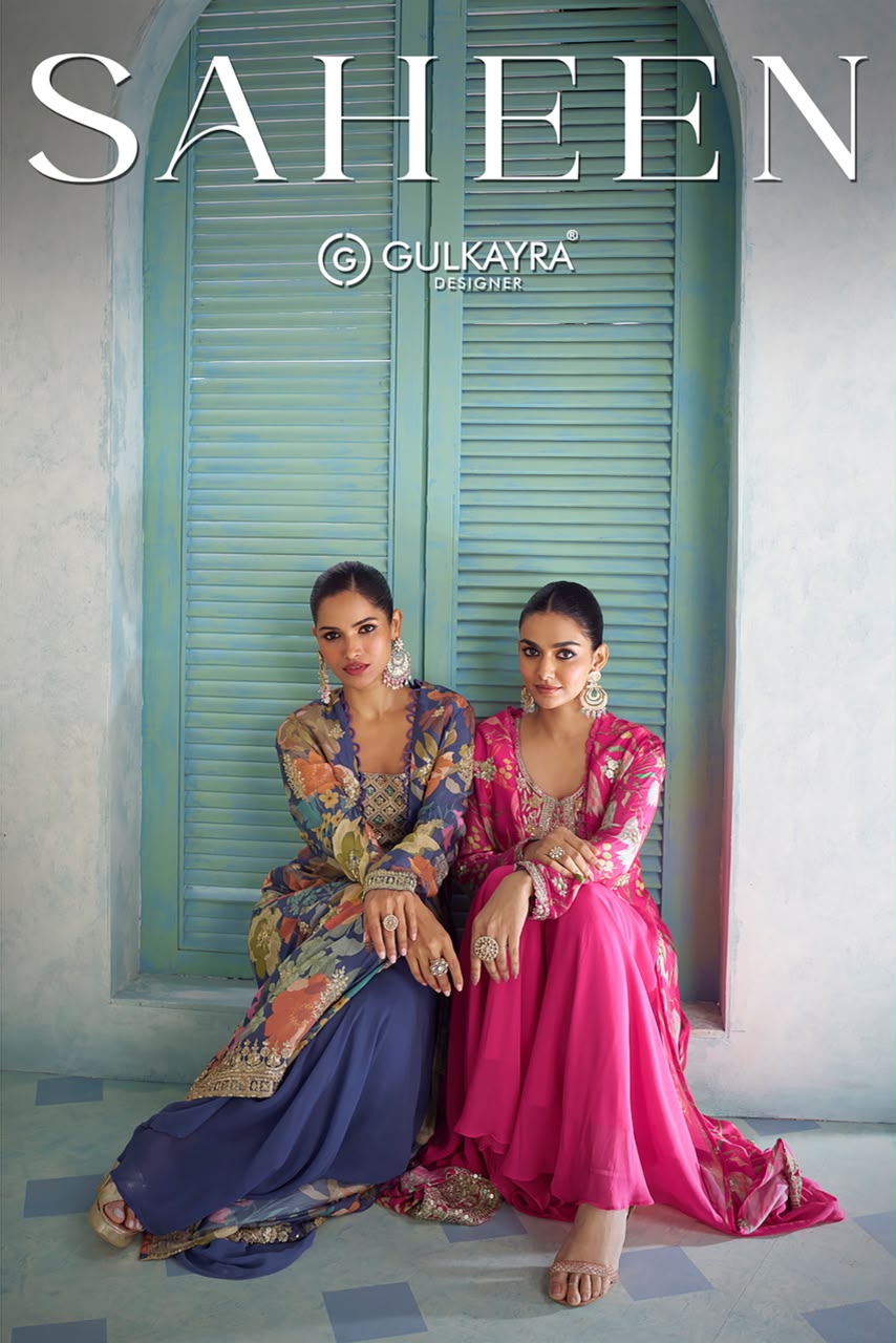 Saheen Gulkayra Designer Chinnon Crop Top Shurg Palazzo Set Exporter India
