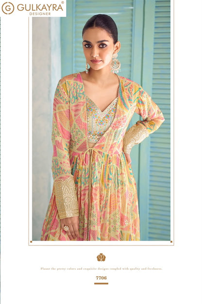 Saheen Gulkayra Designer Chinnon Crop Top Shurg Palazzo Set Exporter India