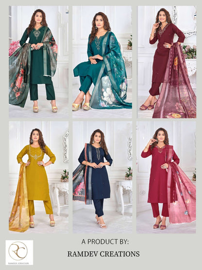 Sahiba Vol 1 Ramdev Creation Roman Silk Readymade Pant Style Suits Exporter Ahmedabad