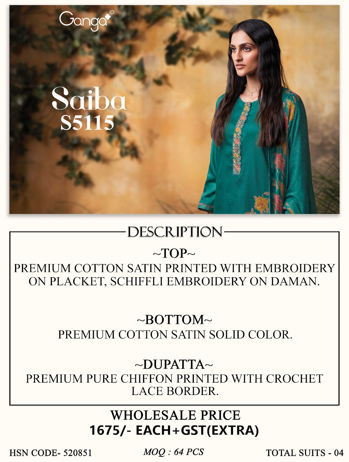 Saiba S5115 Ganga Cotton Satin Pant Style Suits Wholesale Rate