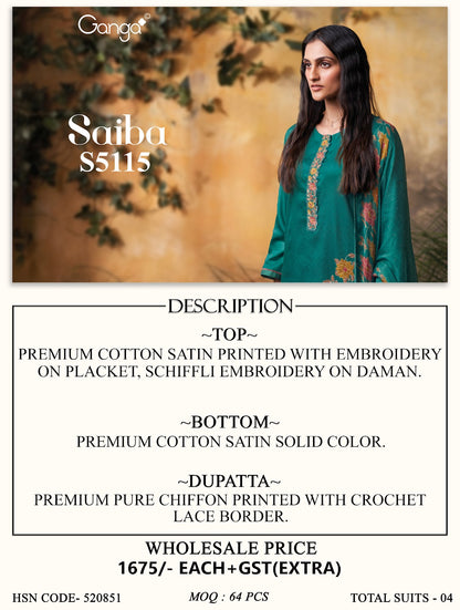 Saiba S5115 Ganga Cotton Satin Pant Style Suits Wholesale Rate
