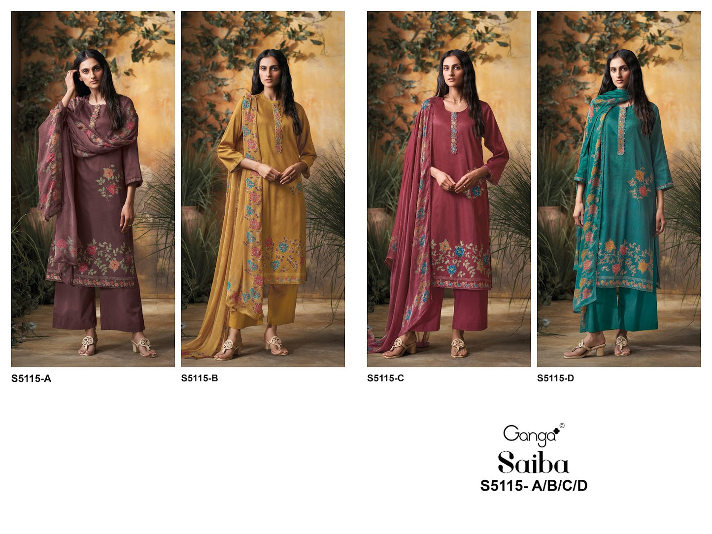 Saiba S5115 Ganga Cotton Satin Pant Style Suits Wholesale Rate