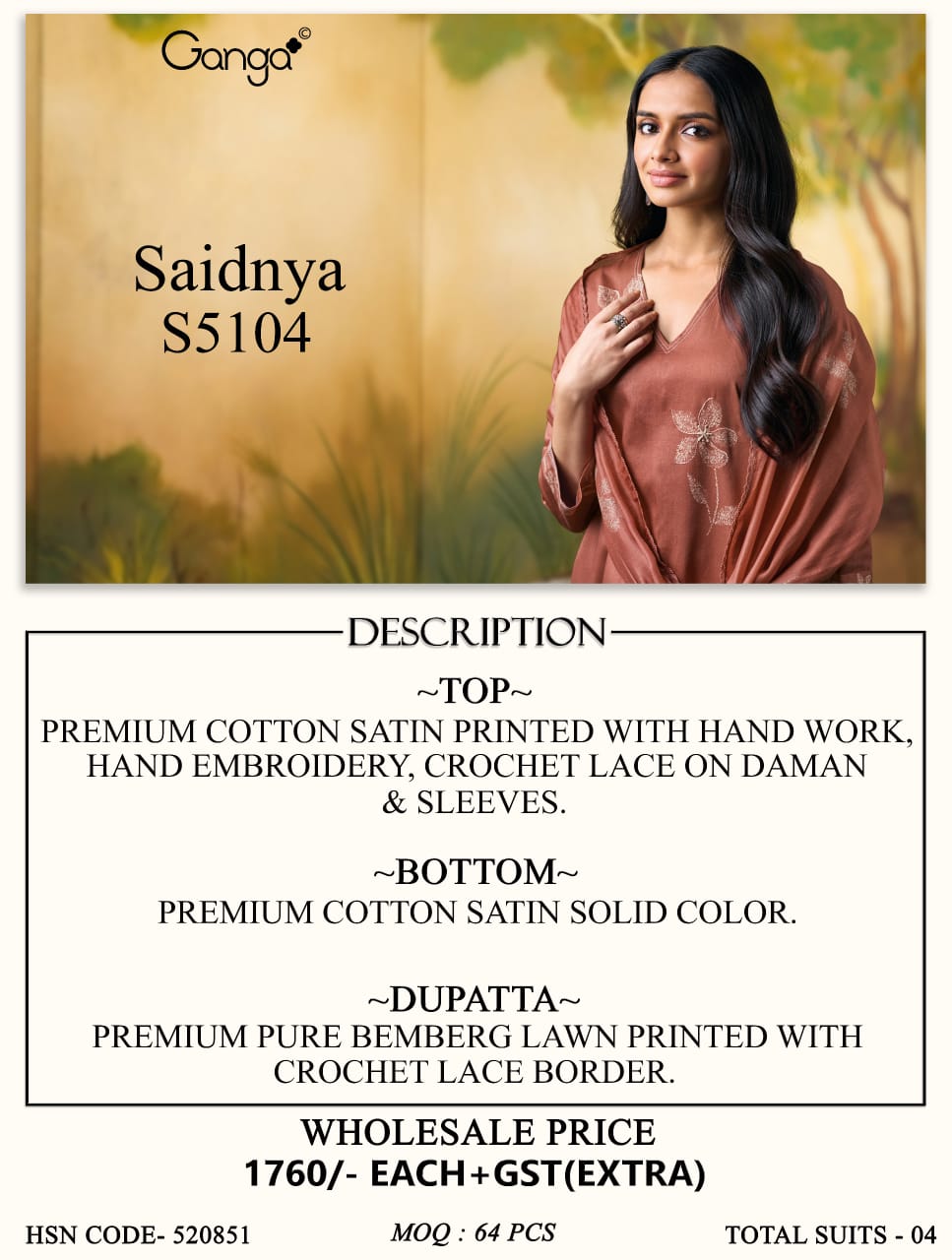 Saidnya S5104 Ganga Cotton Satin Plazzo Style Suits Exporter Gujarat