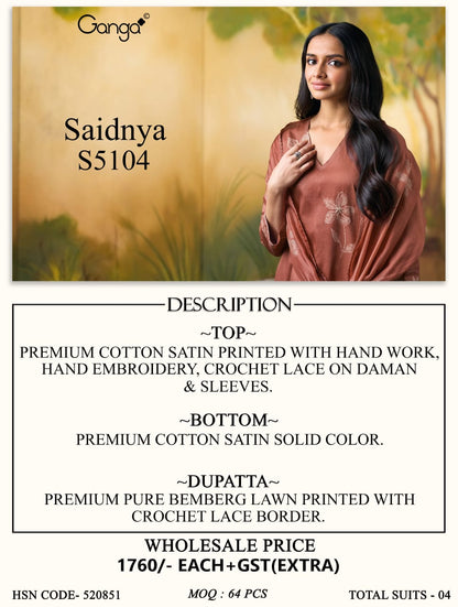 Saidnya S5104 Ganga Cotton Satin Plazzo Style Suits Exporter Gujarat