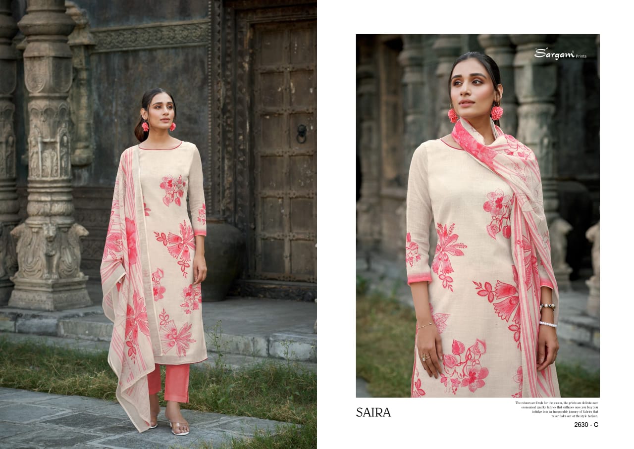Saira Sargam Prints Pure Linen Pant Style Suits Wholesale Price