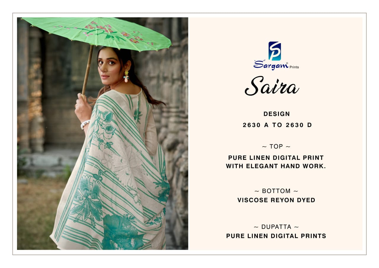 Saira Sargam Prints Pure Linen Pant Style Suits Wholesale Price