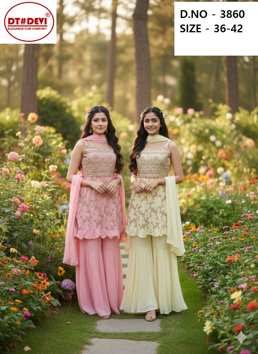 Saiyaara D No 3860 Dt Devi Georgette Readymade Girls Sharara Suits Supplier Ahmedabad