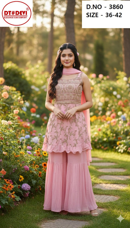 Saiyaara D No 3860 Dt Devi Georgette Readymade Girls Sharara Suits Supplier Ahmedabad