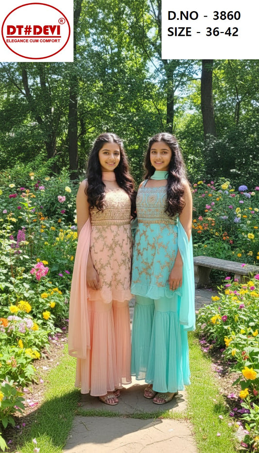 Saiyaara Design 3860 Dt Devi Georgette Readymade Girls Sharara Suits Exporter Ahmedabad