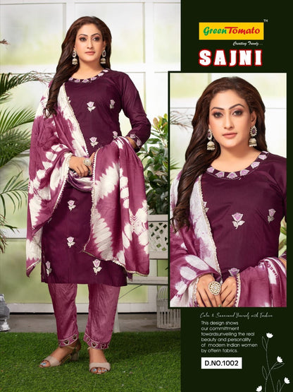 Sajni Green Tomato Chanderi Readymade Pant Style Suits Wholesale Price
