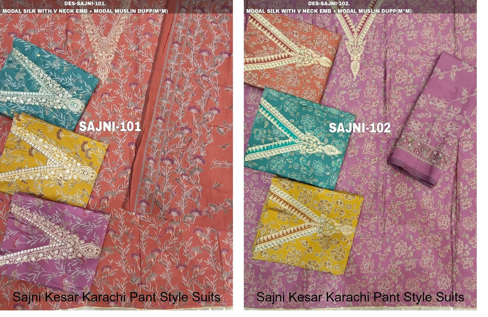 Sajni Kesar Karachi Modal Silk Pant Style Suits Wholesale Price