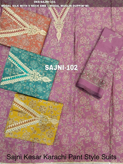 Sajni Kesar Karachi Modal Silk Pant Style Suits Wholesale Price