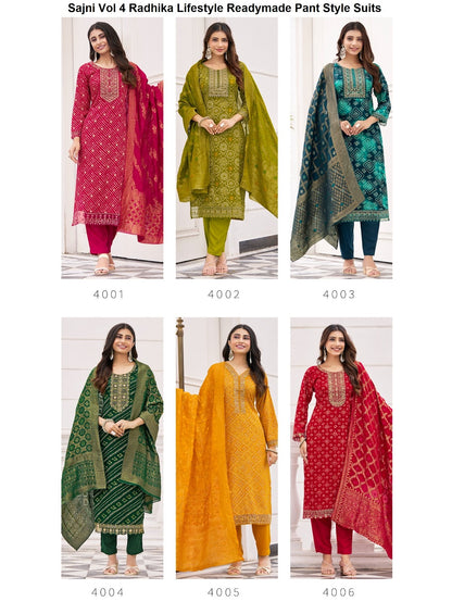 Sajni Vol 4 Radhika Lifestyle Reyon Readymade Pant Style Suits Manufacturer Ahmedabad