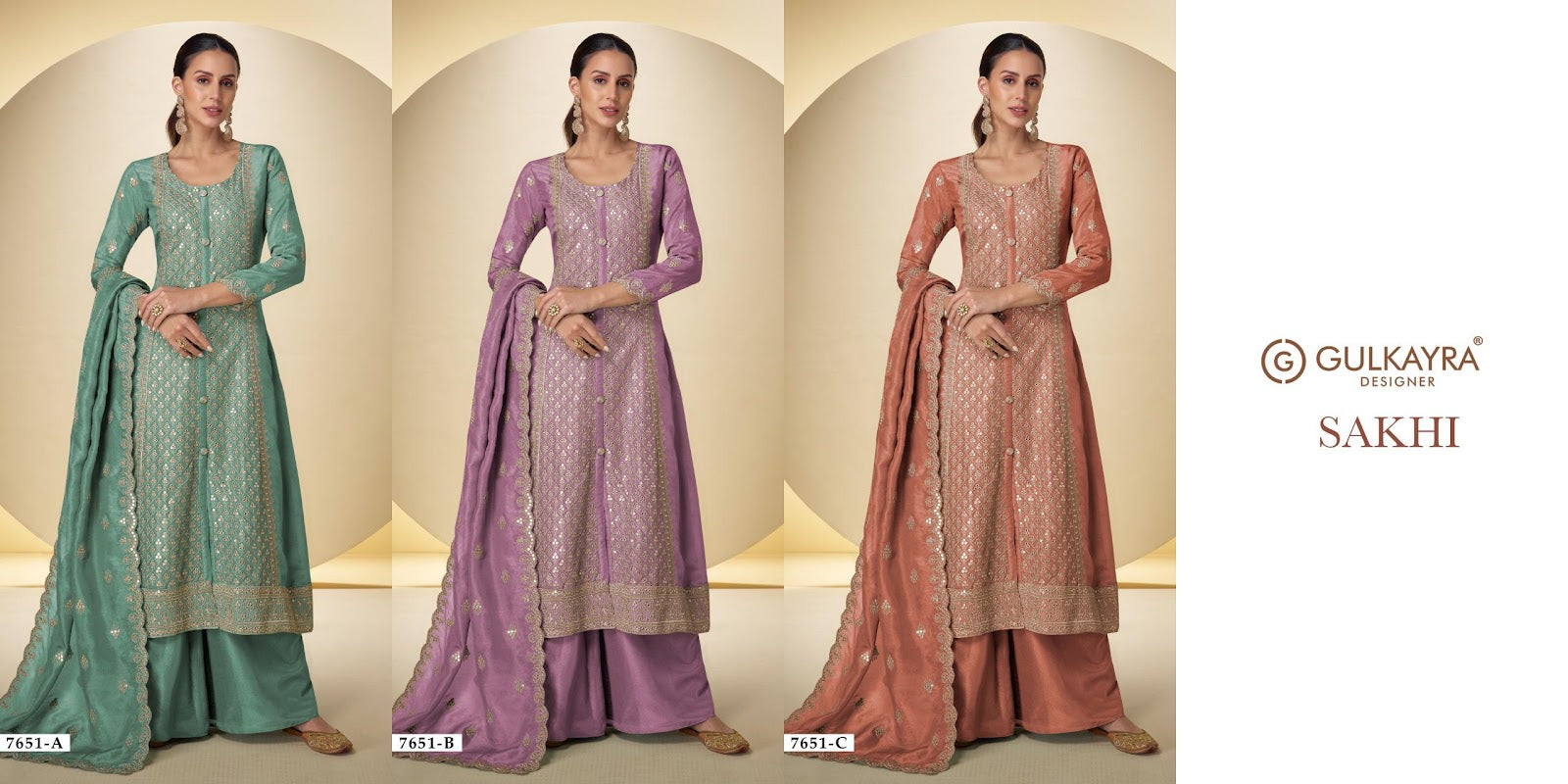 Sakhi Gulkayra Designer Shimmer Silk Readymade Plazzo Style Suits Wholesale Price