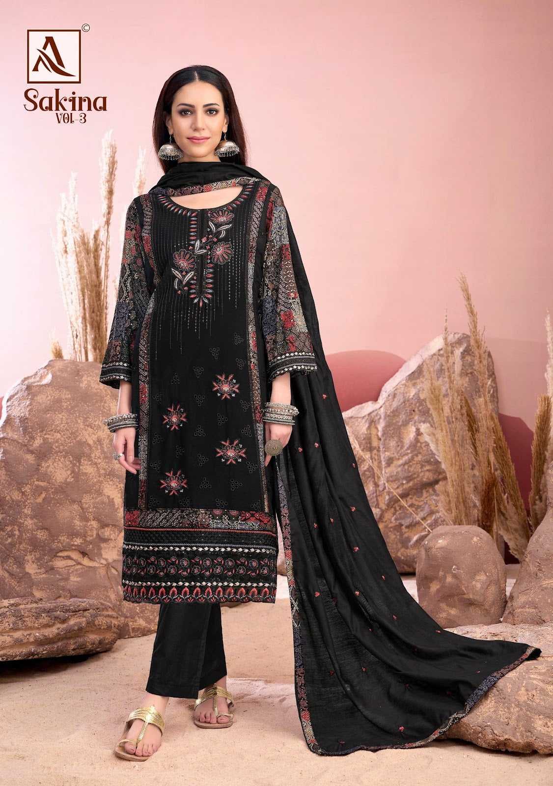 Sakina Vol 3 Black Special Alok Reyon Karachi Salwar Suits Wholesaler India