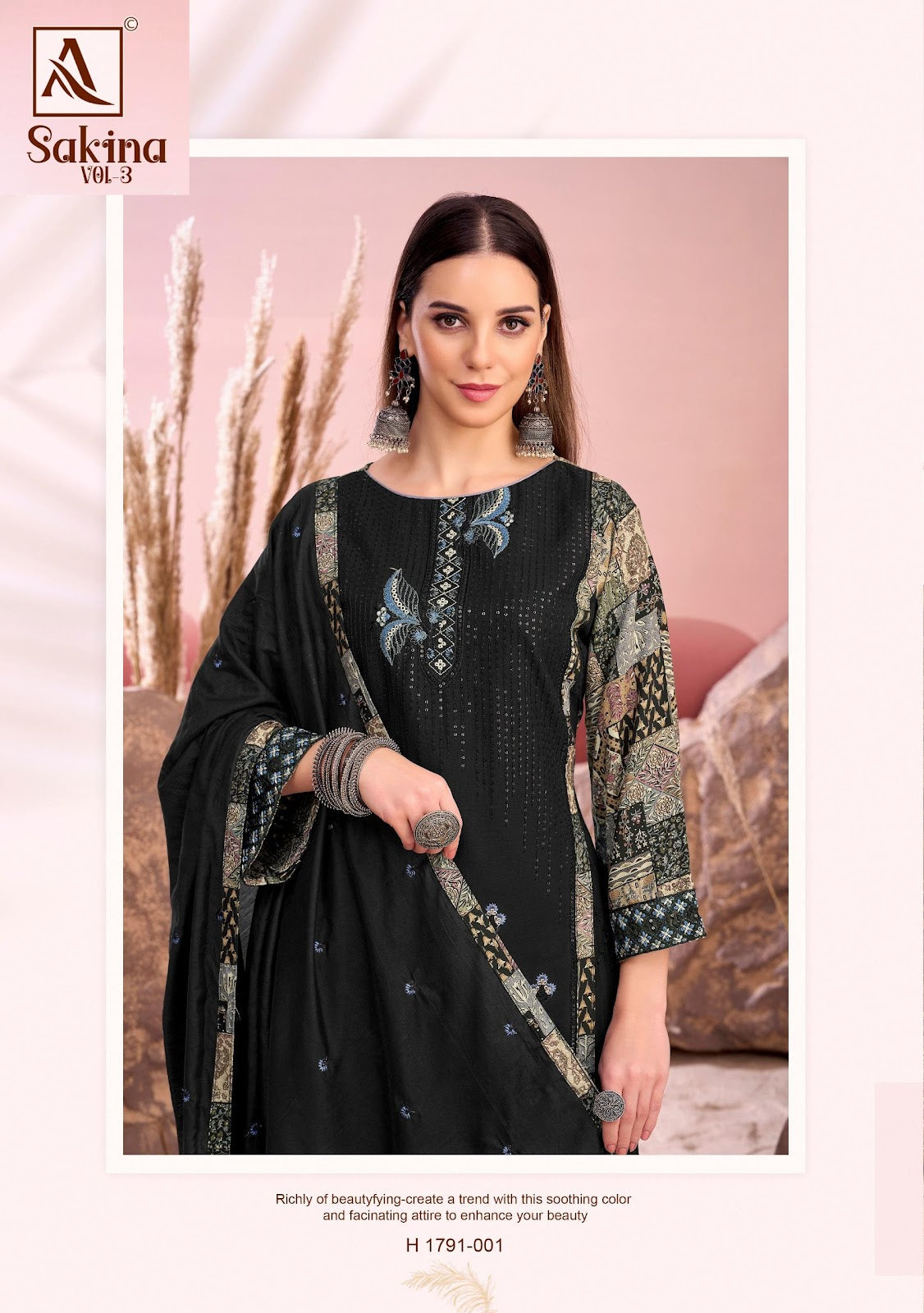 Sakina Vol 3 Black Special Alok Reyon Karachi Salwar Suits Wholesaler India