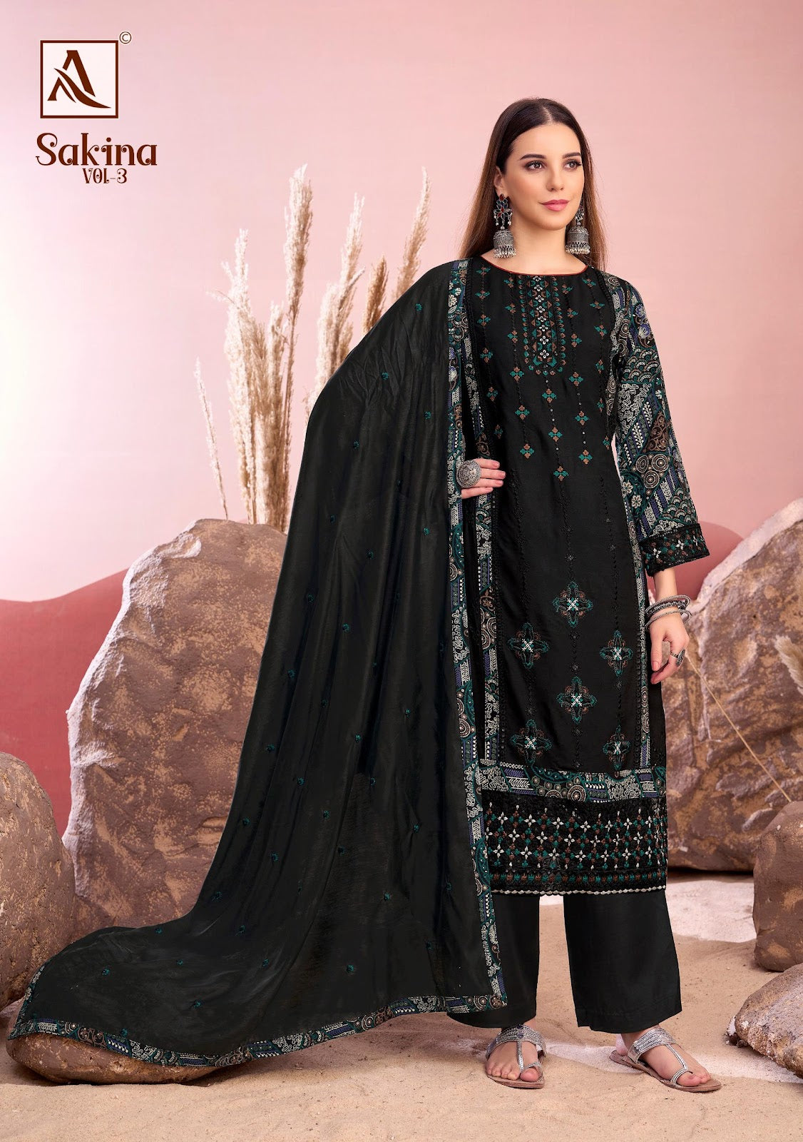 Sakina Vol 3 Black Special Alok Reyon Karachi Salwar Suits Wholesaler India
