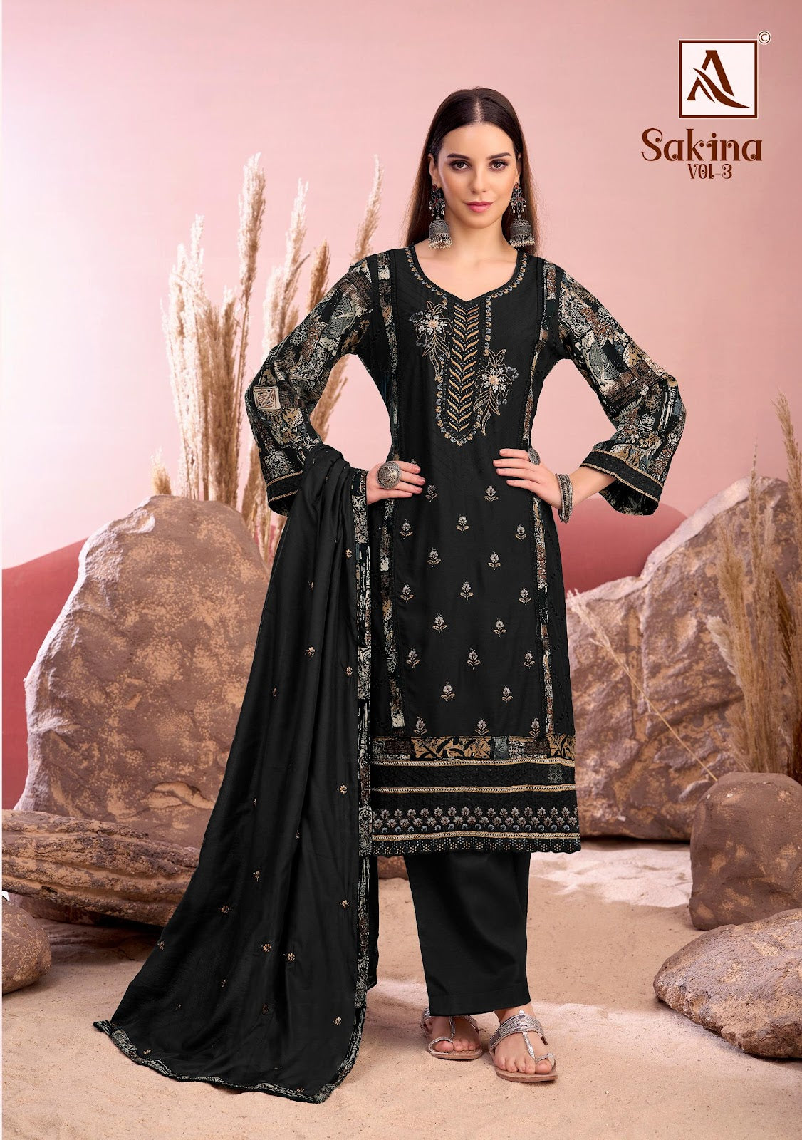 Sakina Vol 3 Black Special Alok Reyon Karachi Salwar Suits Wholesaler India