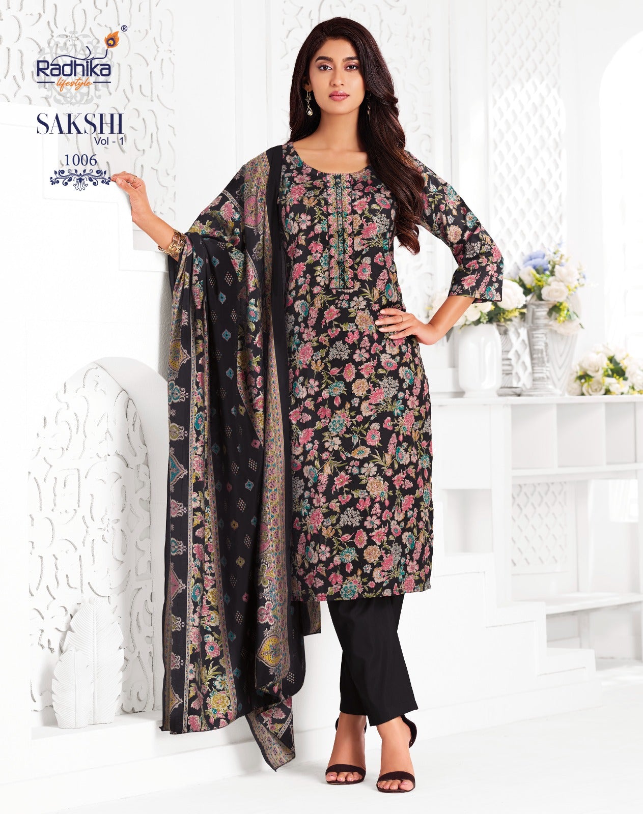 Sakshi Vol 1 Radhika Lifestyle Jaam Satin Readymade Pant Style Suits Wholesaler Ahmedabad