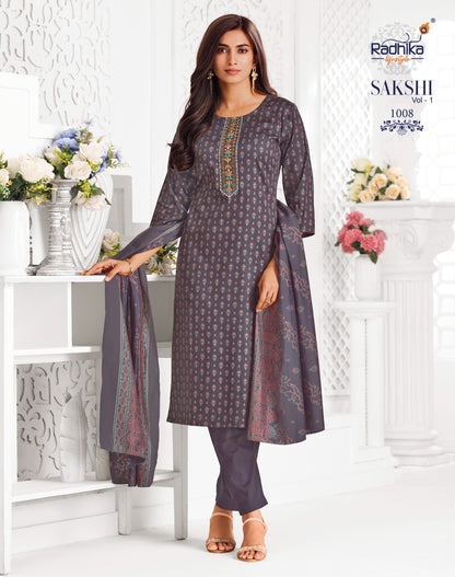 Sakshi Vol 1 Radhika Lifestyle Jaam Satin Readymade Pant Style Suits Wholesaler Ahmedabad