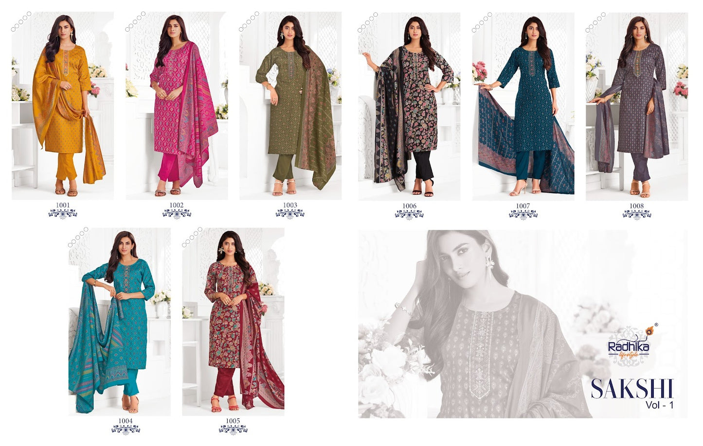 Sakshi Vol 1 Radhika Lifestyle Jaam Satin Readymade Pant Style Suits Wholesaler Ahmedabad