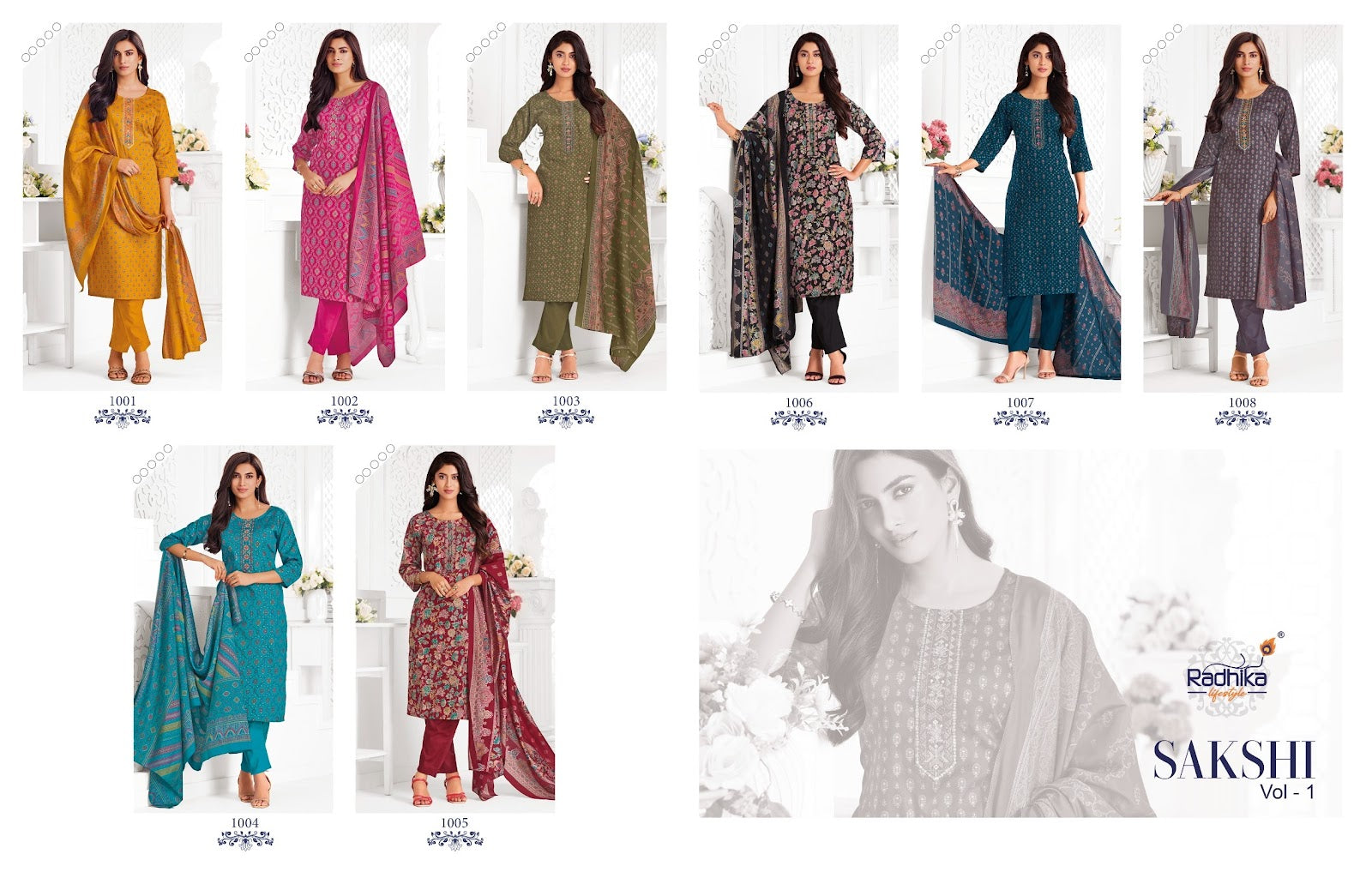 Sakshi Vol 1 Radhika Lifestyle Jaam Satin Readymade Pant Style Suits Wholesaler Ahmedabad