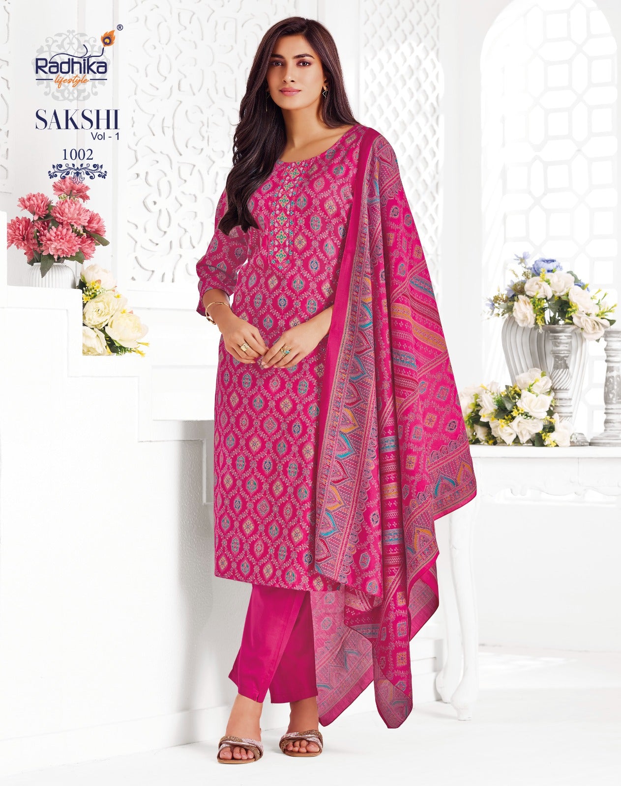 Sakshi Vol 1 Radhika Lifestyle Jaam Satin Readymade Pant Style Suits Wholesaler Ahmedabad