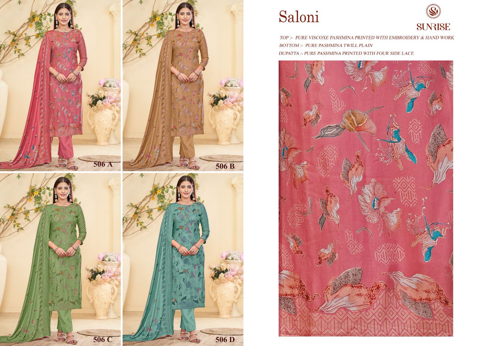 Saloni 506 Sunrise Pure Pashmina Suits Wholesaler Ahmedabad