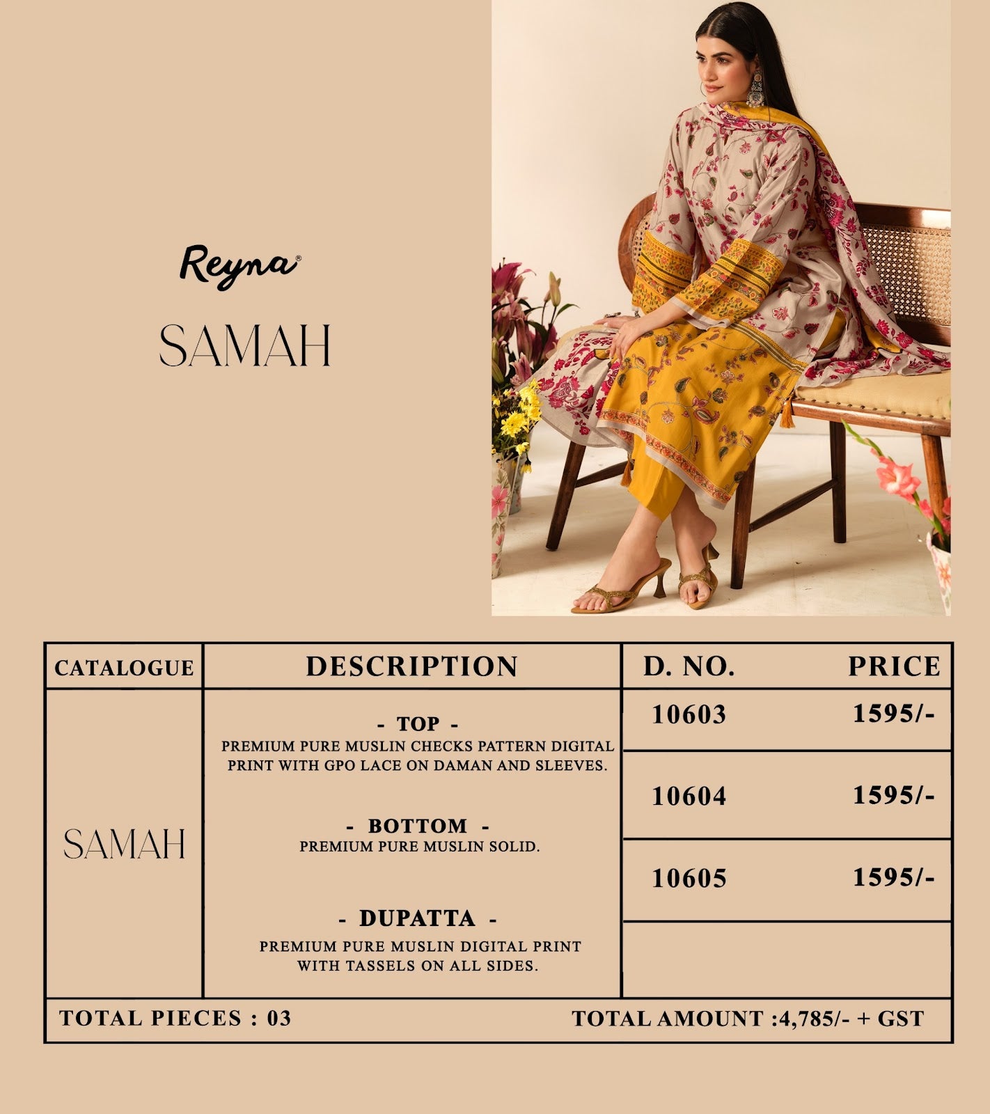 Samah Reyna Pure Muslin Pant Style Suits Wholesale Rate