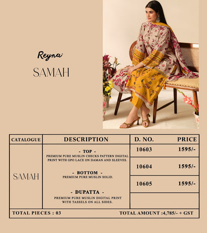 Samah Reyna Pure Muslin Pant Style Suits Wholesale Rate