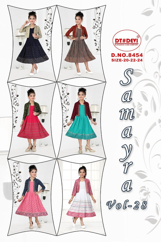 Samayra Vol 28 8454 Dt Devi Reyon Girls Kurti Jacket Set