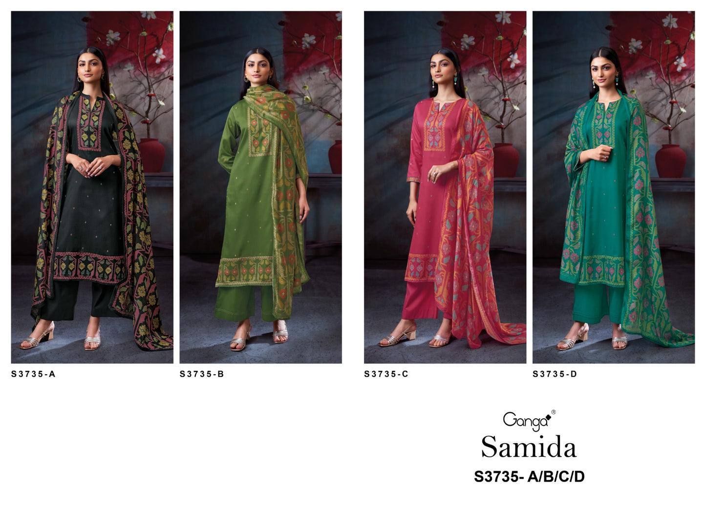 Samida 3735 Ganga Cotton Satin Plazzo Style Suits Supplier Gujarat