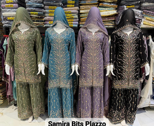 Samira Bits Plazzo Safa Creation Georgette Pakistani Salwar Suits Wholesaler