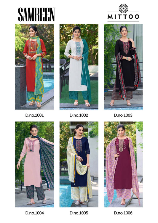 Samreen Mittoo Heavy Rayon Readymade Pant Style Suits Wholesaler India