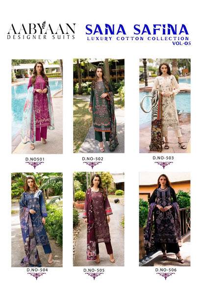 Sana Safina Vol 5 Luxury Cotton Collection Aabyaan Karachi Salwar Suits Supplier Ahmedabad