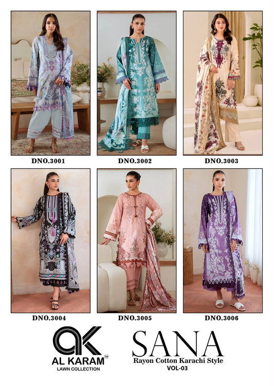 Sana Vol 3 Al Karam Reyon Karachi Salwar Suits Wholesaler