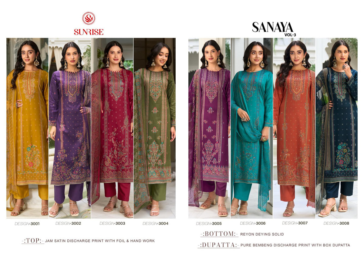 Sanaya Vol 3 Sunrise Jam Satin Pant Style Suits Wholesale Price