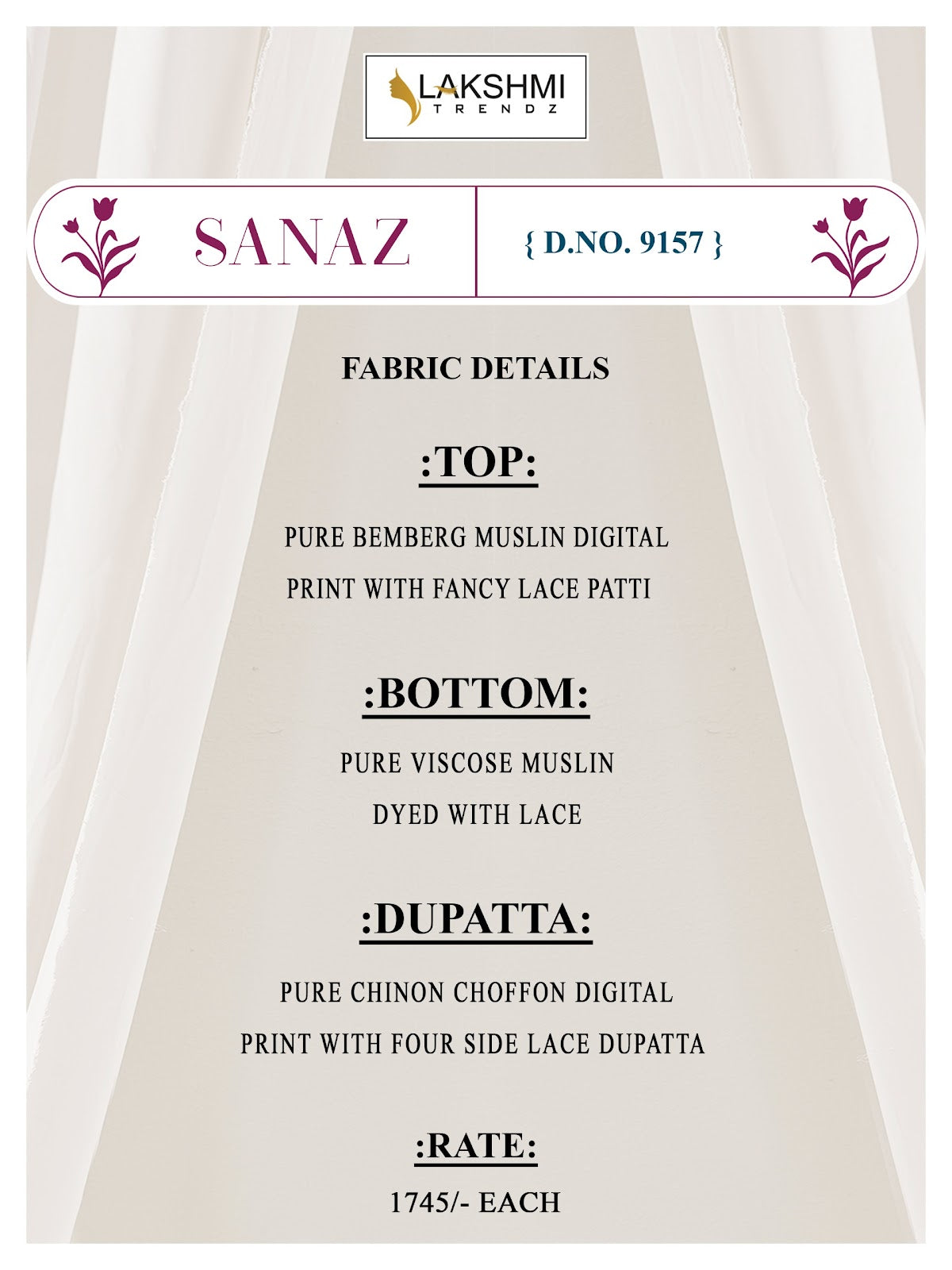 Sanaz 9157 Lakshmi Trendz Bemberg Muslin Pant Style Suits Manufacturer India